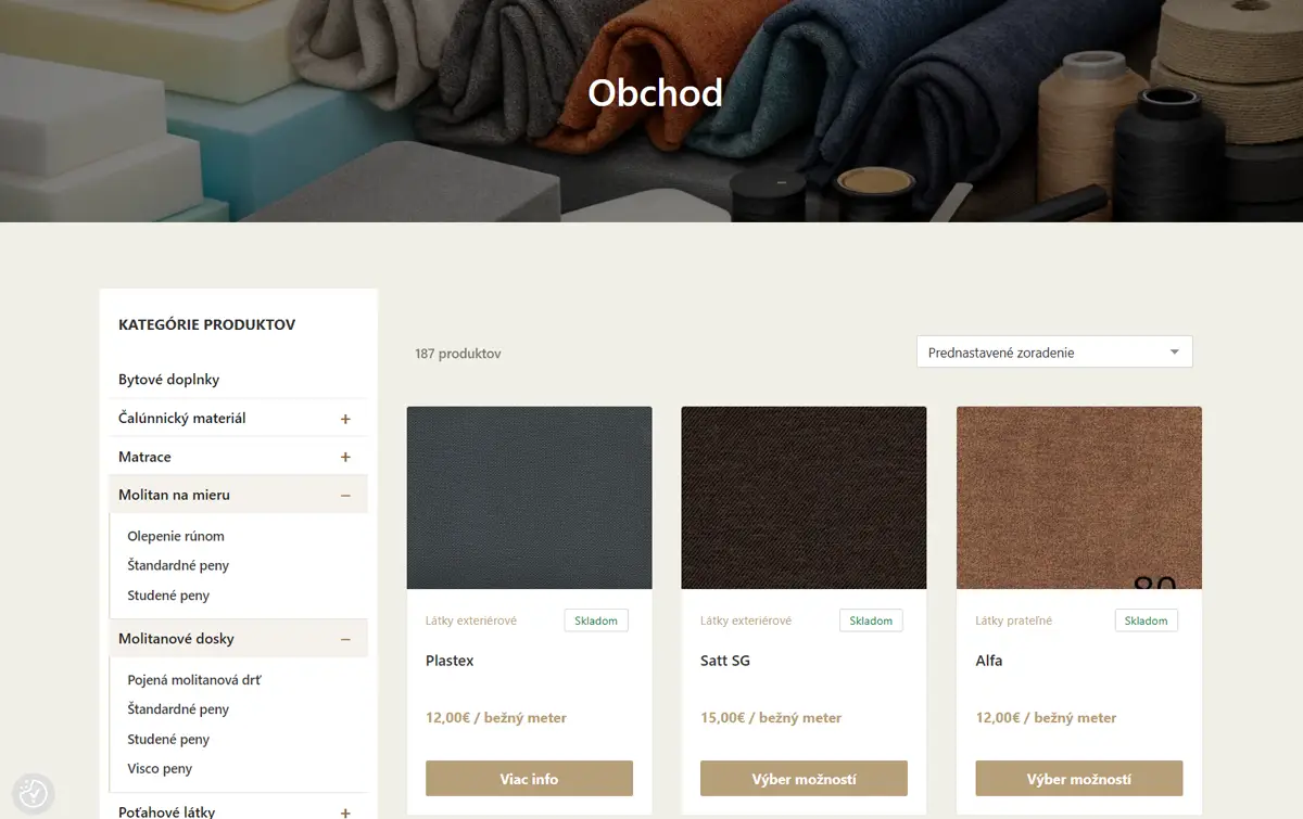 Manela.sk — výpis produktov s custom filtrami pre penové materiály